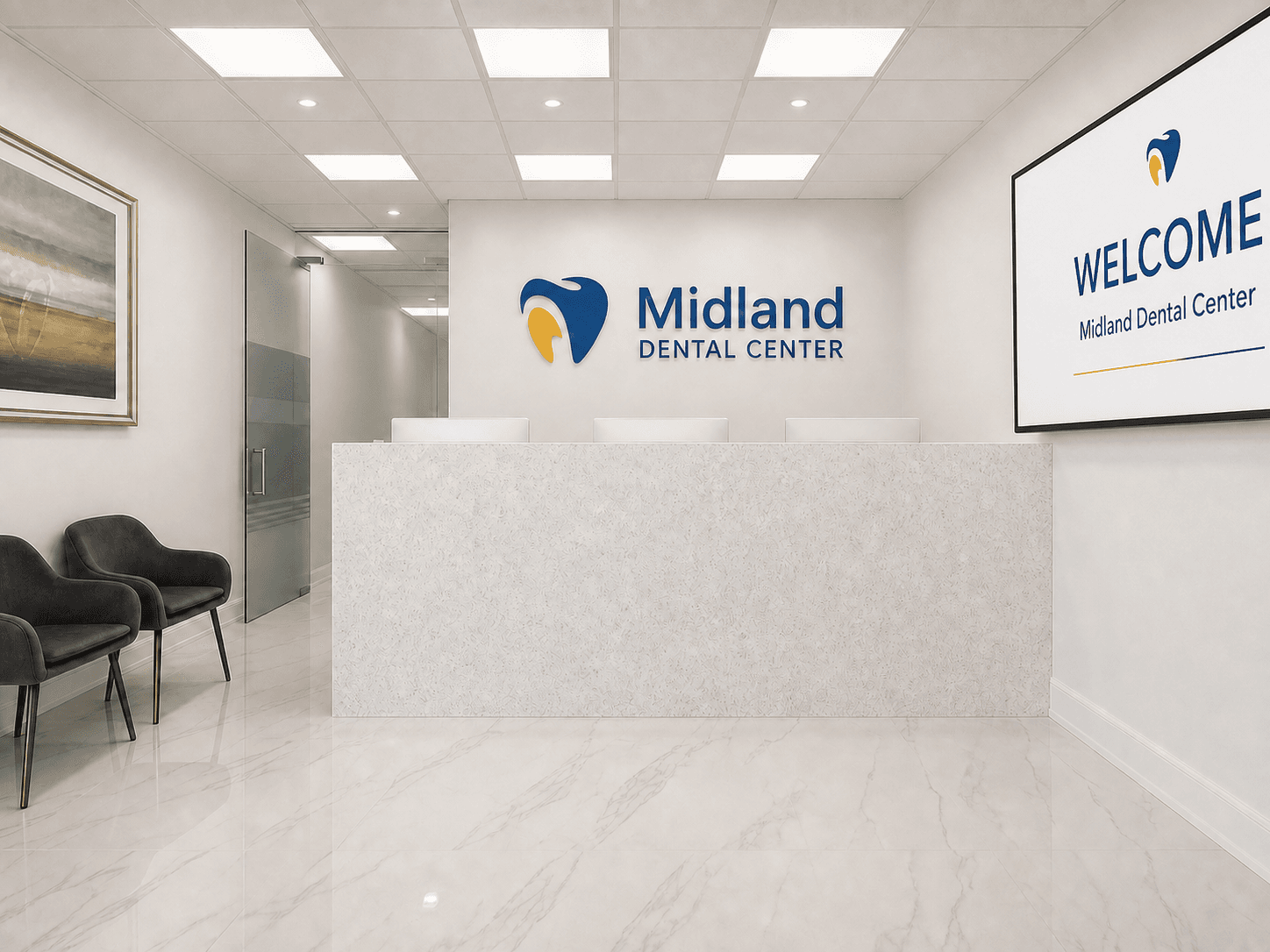 The centered reception at Midland Dental Center with a welcome message on the television